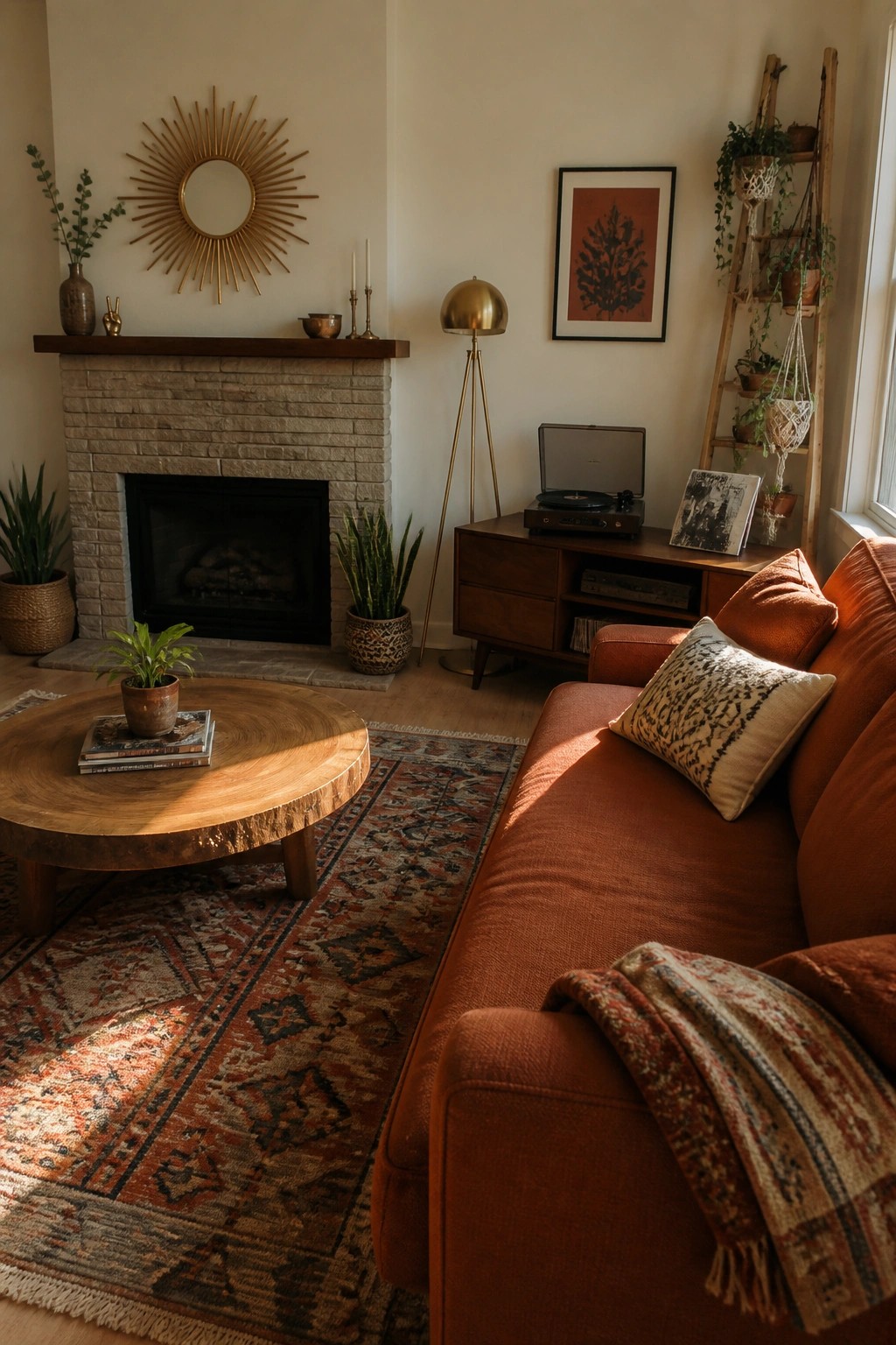 A living room with a low-profile orange sofa, round wood coffee table on a patterned rug, stone fireplace, and houseplants.