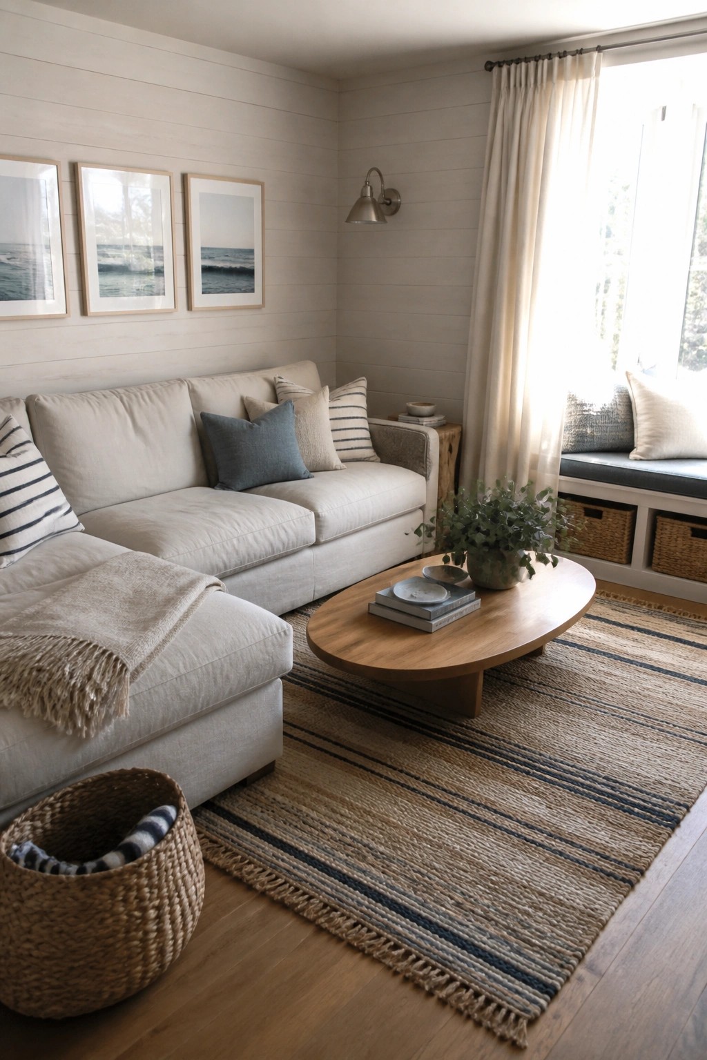 A living room with a low-profile beige sectional sofa, round wooden coffee table on a striped rug, framed art on white walls, and a window seat with curtains.