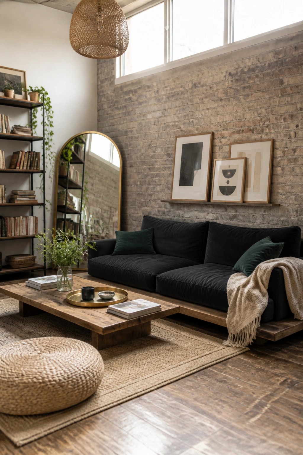 A living room with a low black sofa against an exposed brick wall, a wooden coffee table on a woven rug, and an arched mirror beside a bookshelf.