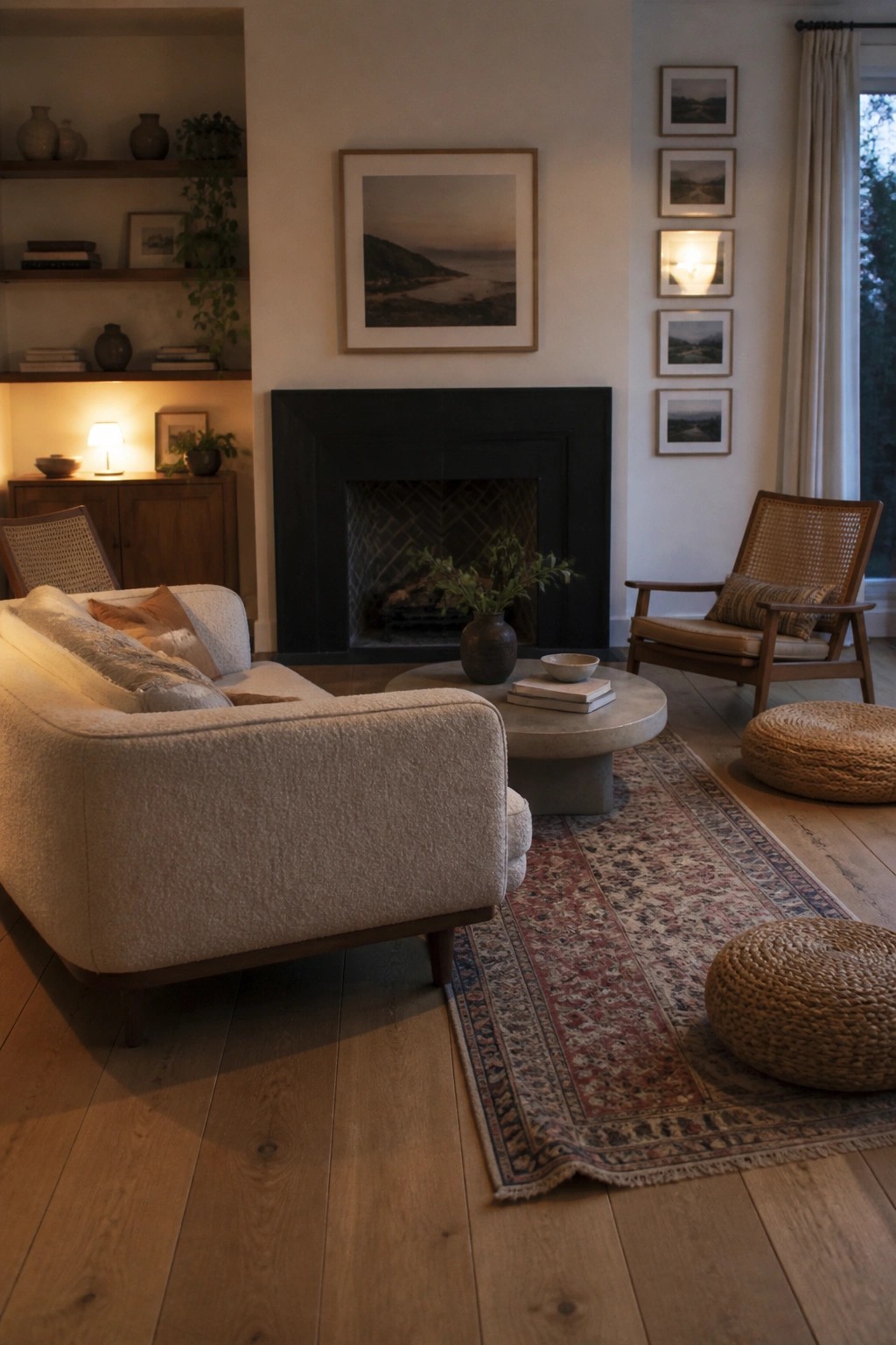 A living room featuring a low-profile beige sofa, a round concrete coffee table on a patterned rug, a black fireplace, and a wooden armchair with woven back.