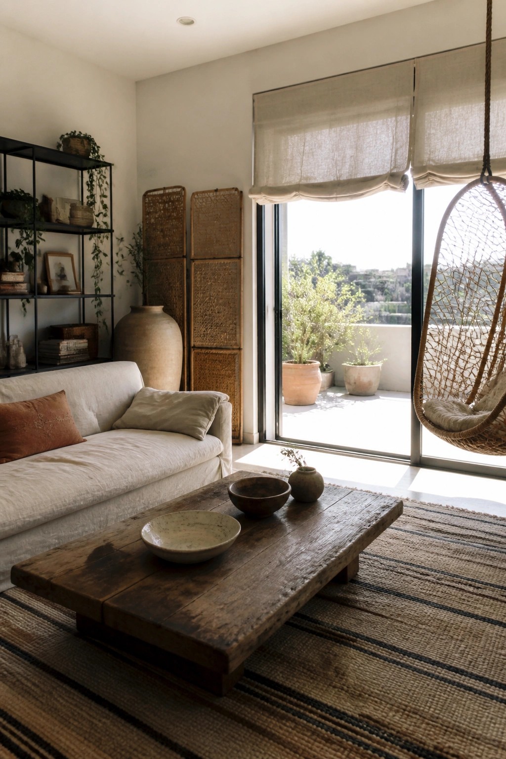 Living room interior with a low white sofa, rustic wooden coffee table on a striped rug, woven wall screens, and a hanging chair beside large open glass doors.