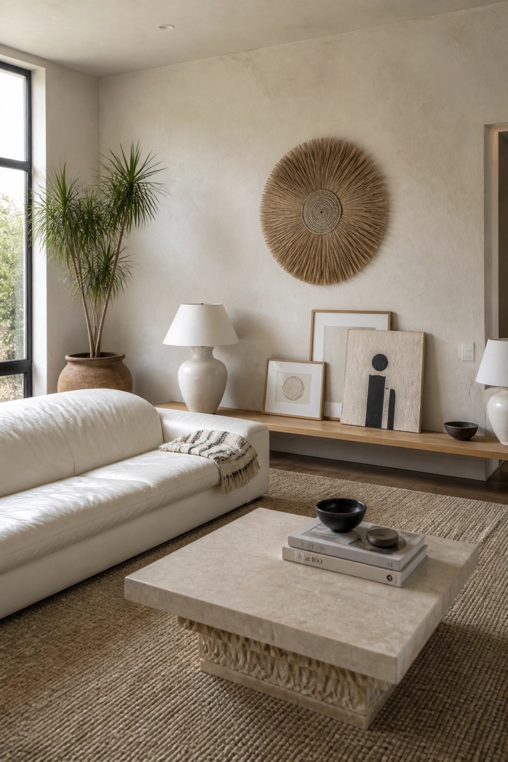 A bright living room features a low white leather sofa, a large stone coffee table on a woven rug, and a round woven wall hanging above a wooden console with framed art.