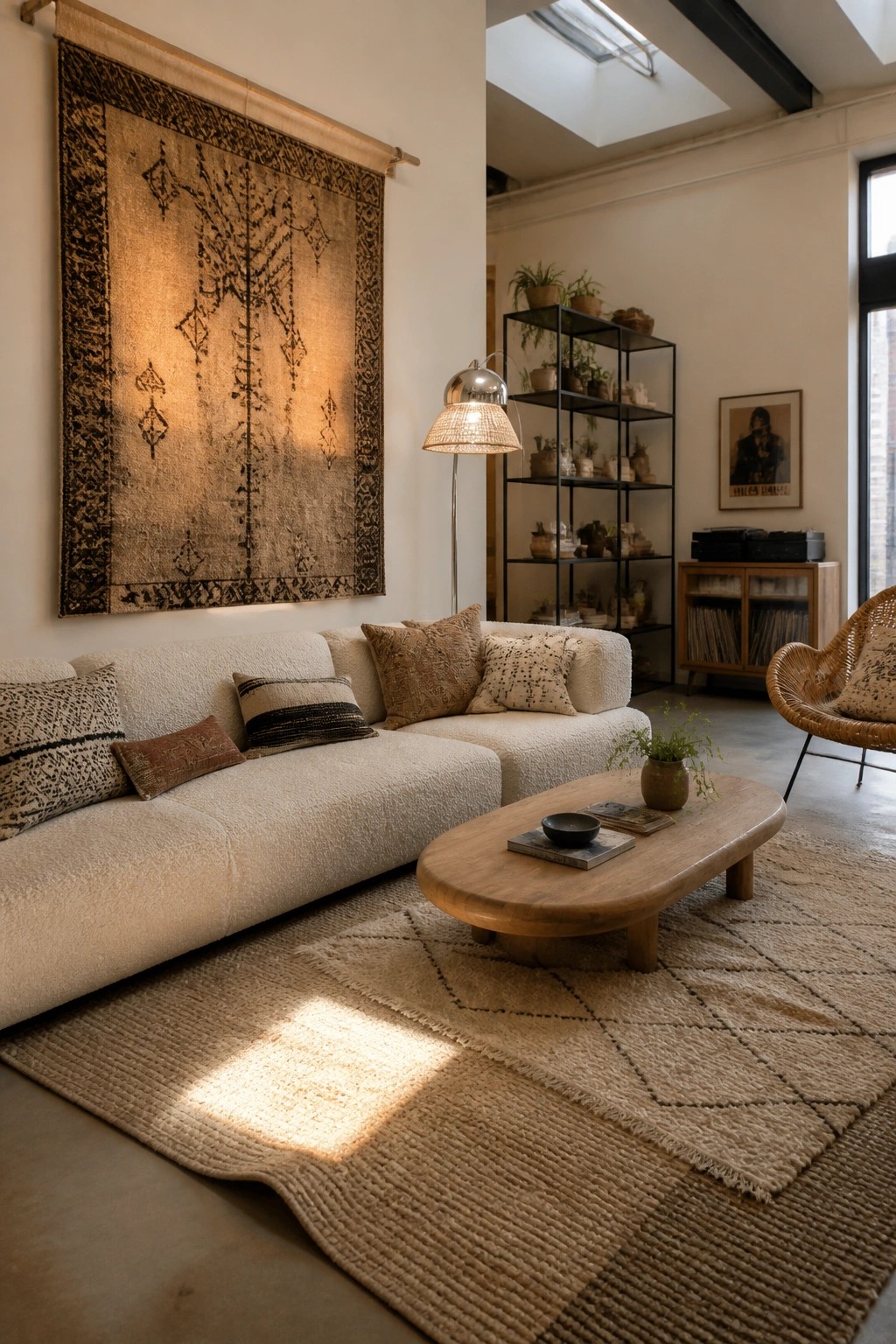 Cozy sunlit living room with white sofa, wooden coffee table, and large woven rug