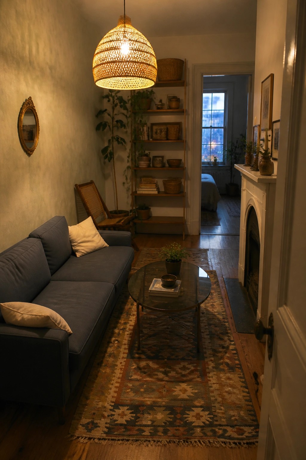 A living room with a blue low-profile sofa, round glass coffee table on a patterned rug, woven pendant light, and wooden shelving unit with plants.