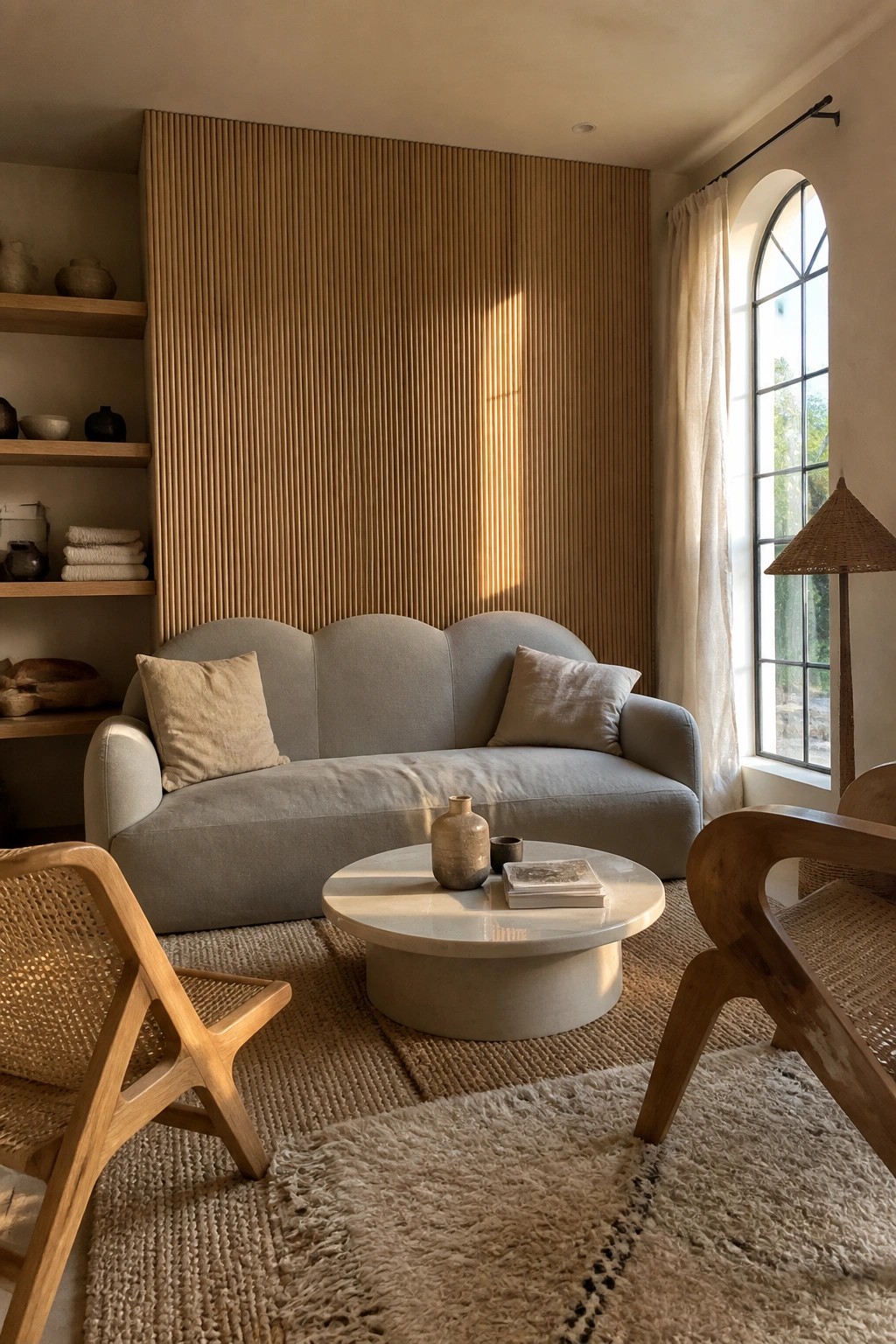 A light gray low-profile sofa with a scalloped back is centered in a living room with wooden woven chairs, a round marble coffee table, layered rugs, and a fluted wood accent wall.