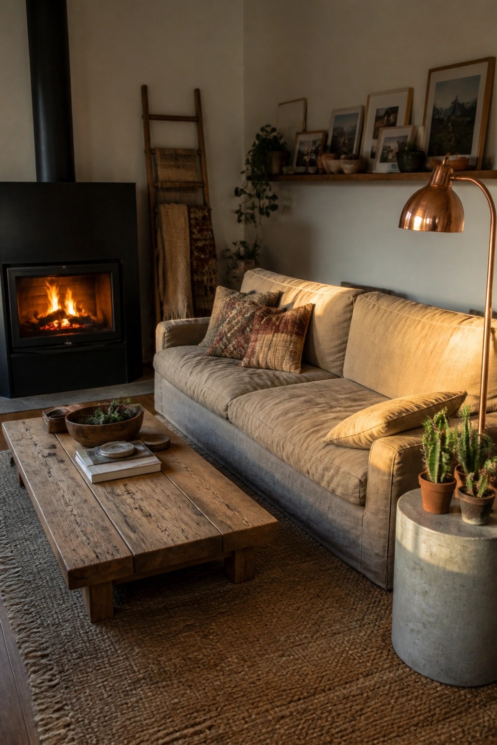 A living room featuring a low-profile beige sofa, wooden coffee table on a woven rug, black fireplace with fire, and copper floor lamp.