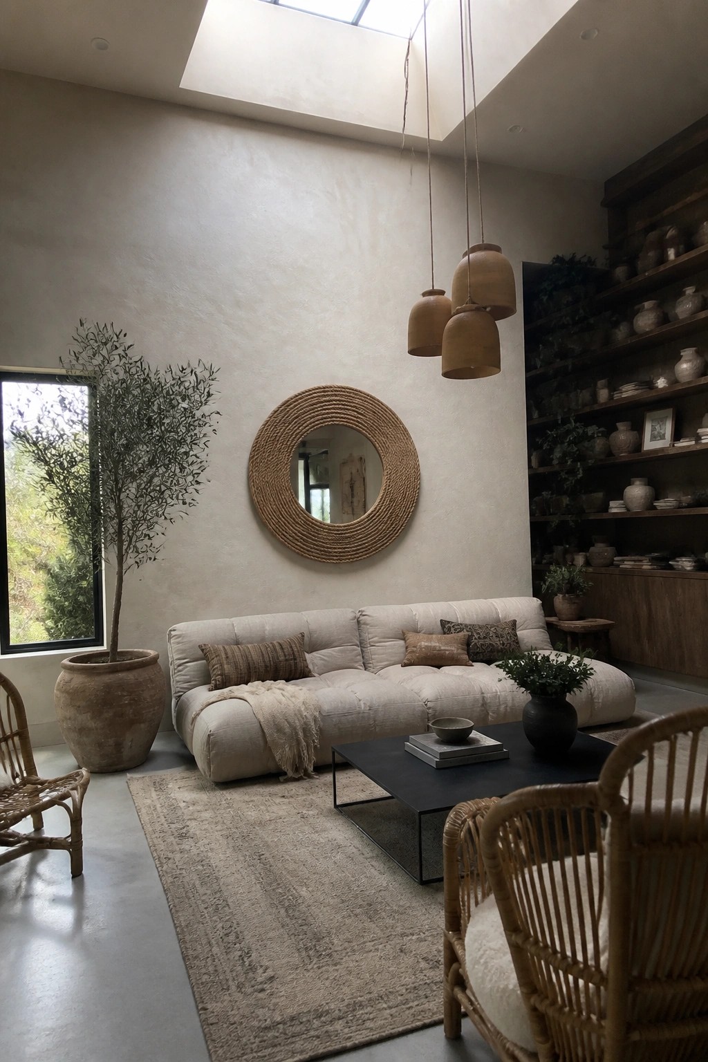 Minimalist living room with beige sofa, woven round mirror, pendant lights, and wooden shelves