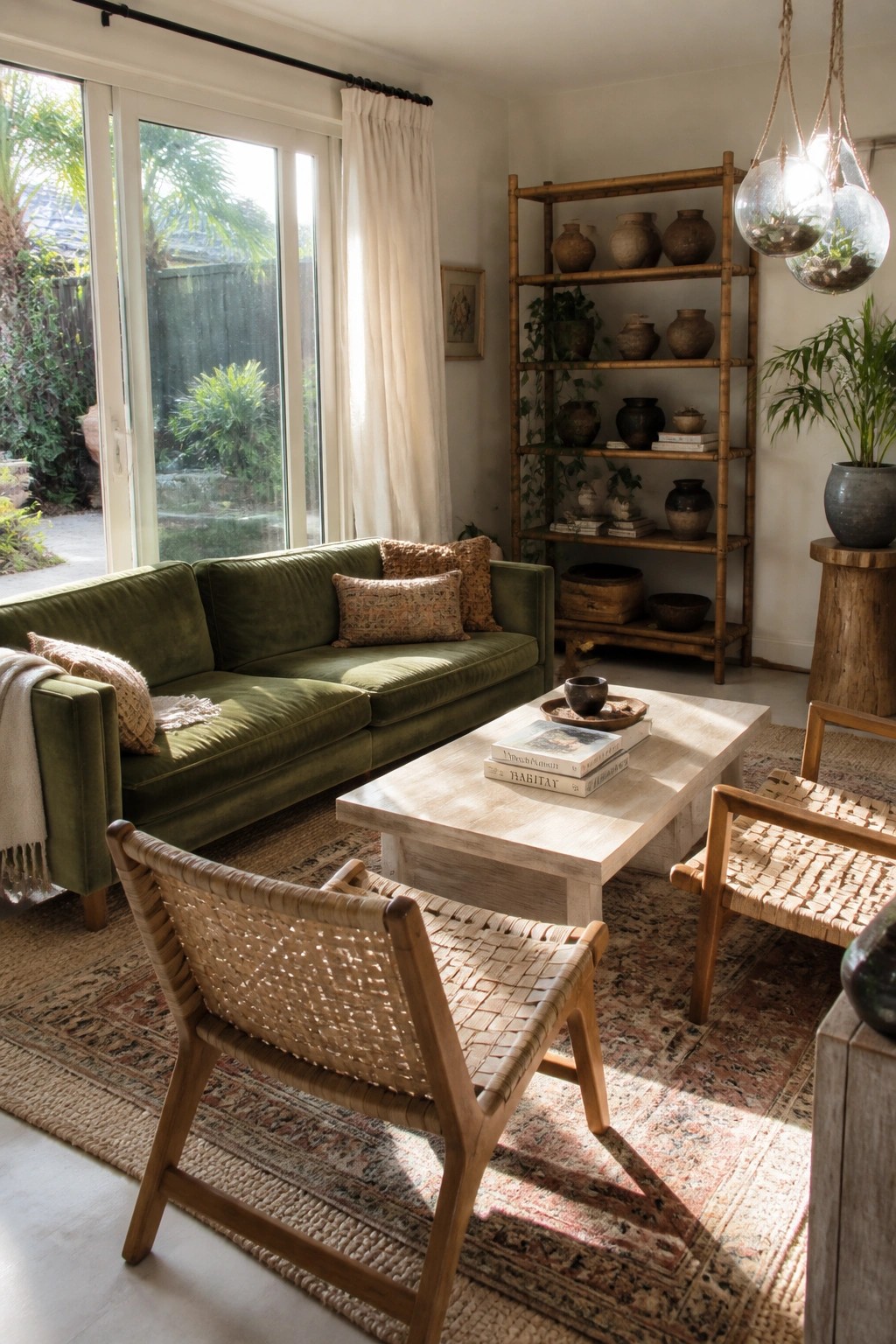 Sunlit living room with green velvet sofa, woven chairs, and bamboo shelves with pottery.