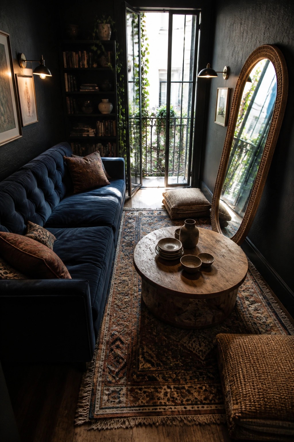A dark living room with a blue velvet sofa, round wooden coffee table, large patterned rug, tall oval mirror, and open glass doors leading outside.