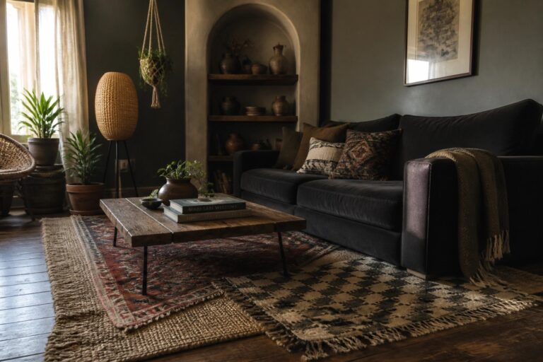 21 Textured Dark Boho Living Room Ideas Featuring Layered Rugs and Fabric A dark living room featuring a black sofa, wooden coffee table, and layered patterned rugs on hardwood flooring with houseplants and wall shelves in the background.
