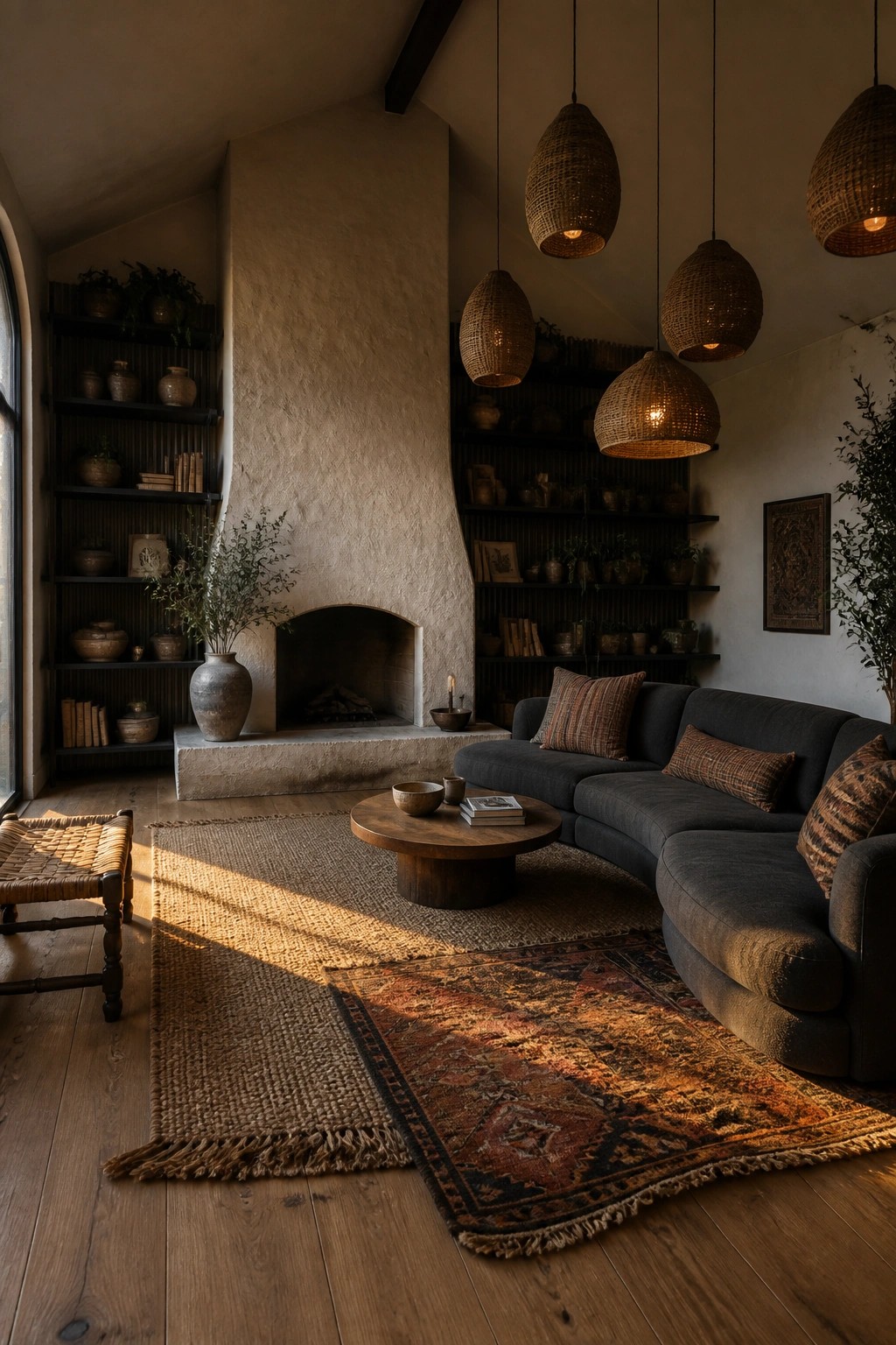 Cozy living room with stone fireplace, dark sofa, round table, and woven pendant lights.