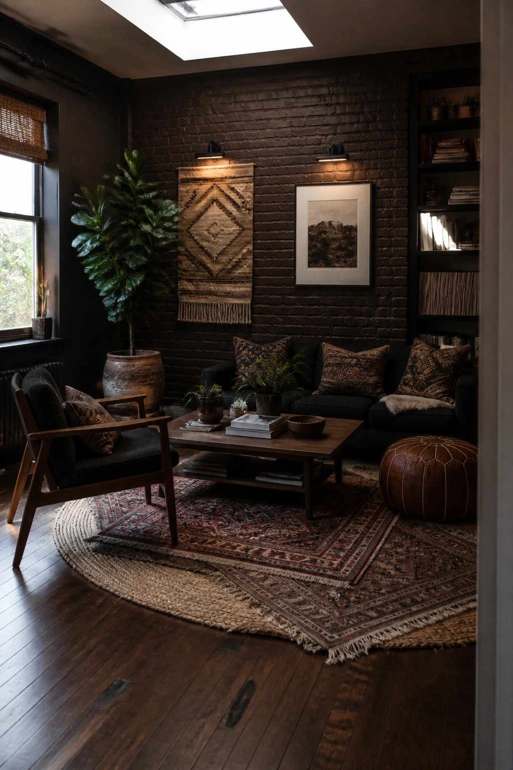 A living room with dark brick walls, a black sofa, wooden armchair, coffee table on layered rugs, and a large potted plant by the window.