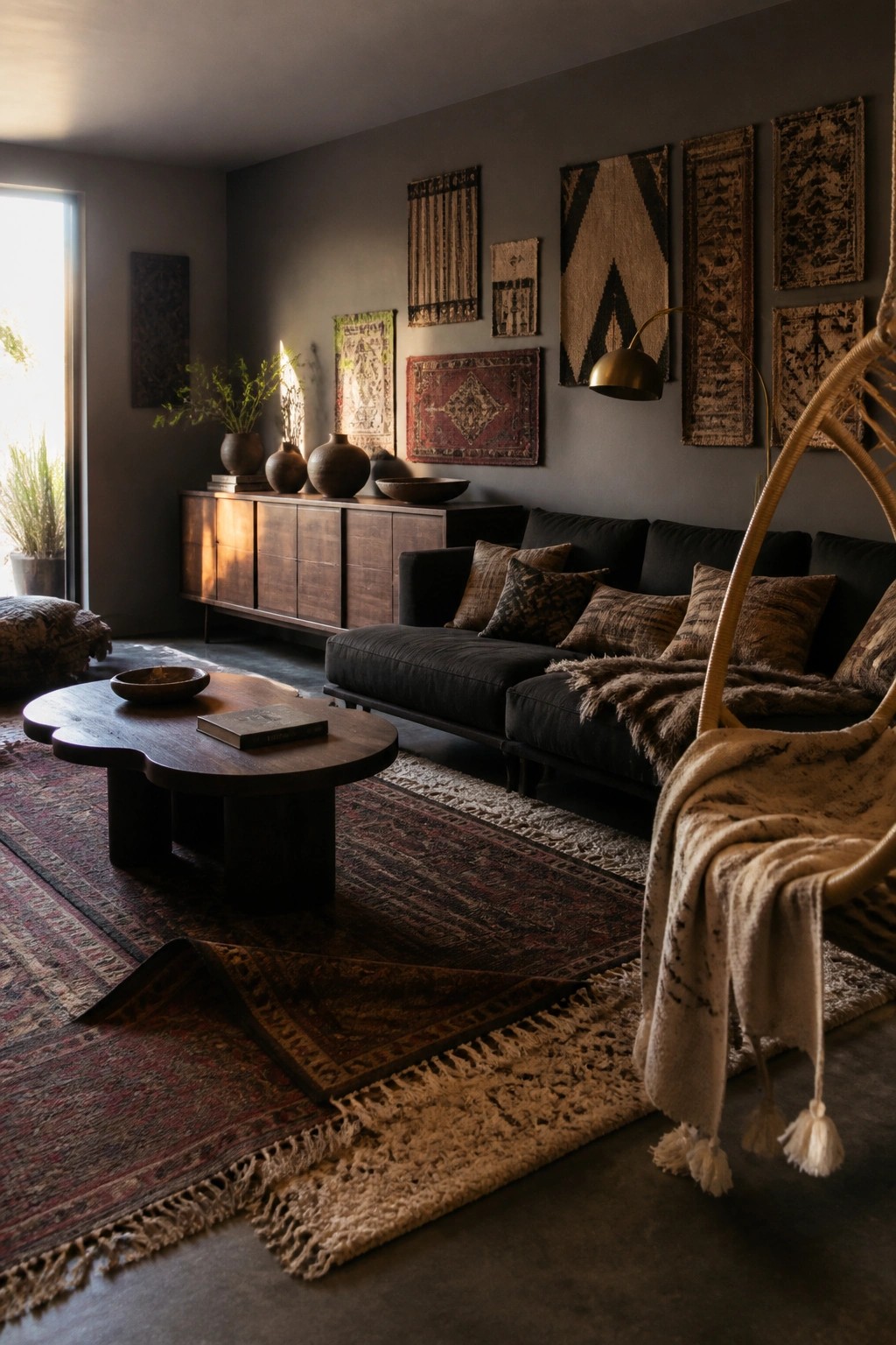 A dark living room featuring multiple overlapping patterned rugs with fringes on the floor, a black sofa with pillows, a round wooden coffee table, and assorted wall hangings.