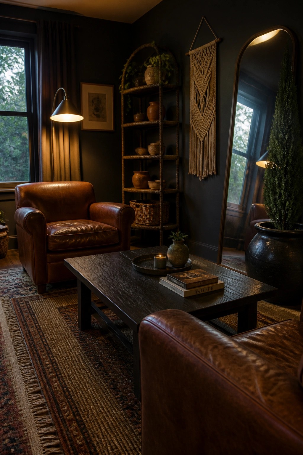 A dark living room featuring layered rugs on the floor, brown leather armchairs, a dark wood coffee table with books and a candle, woven wall hangings, and a tall arched mirror.