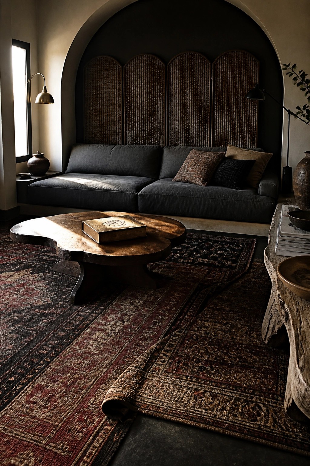 A dark living room featuring a gray sofa against an arched wall with woven panels, a wooden coffee table holding a book, and multiple overlapping patterned rugs on the floor.