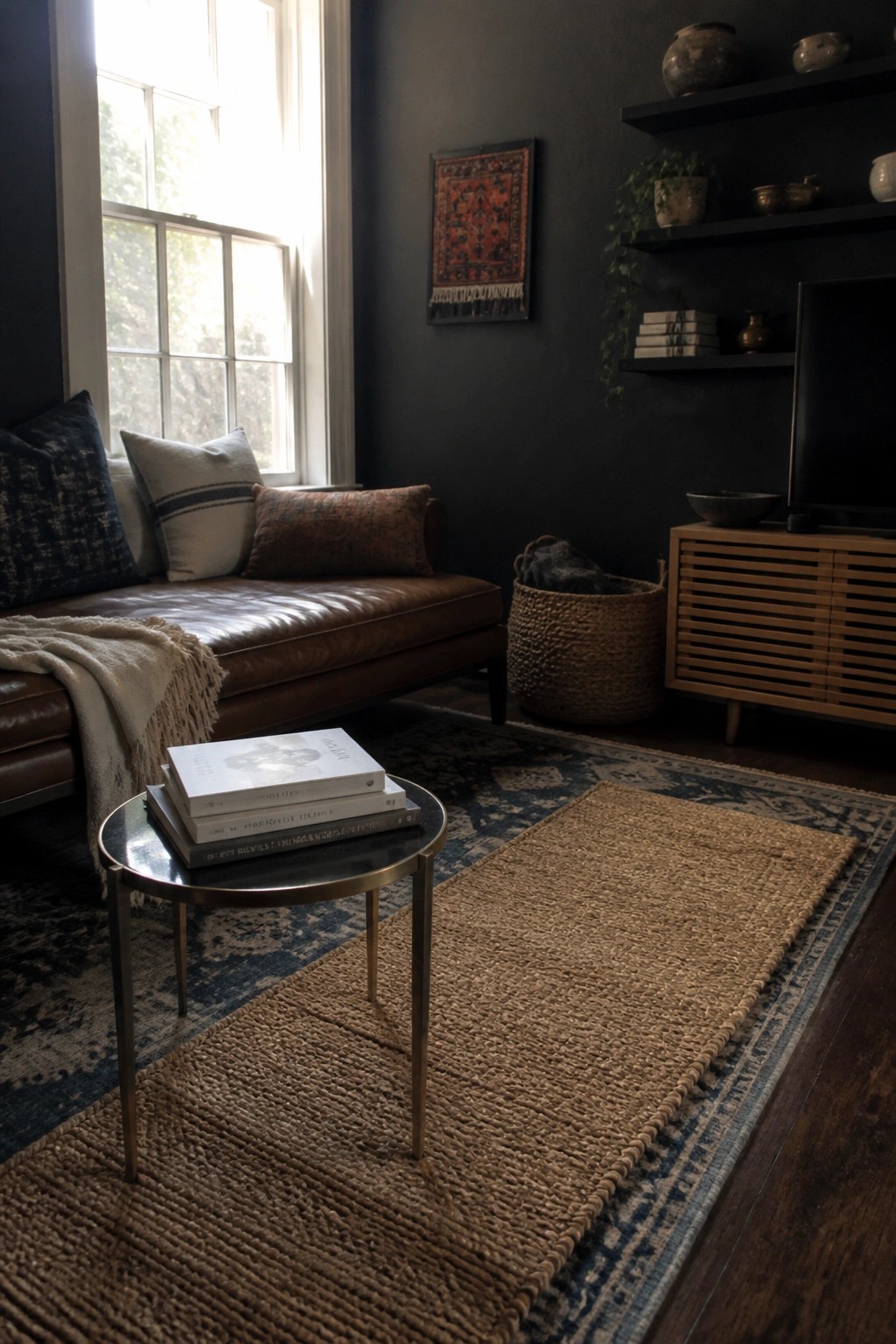 A living room scene showing a brown leather sofa against dark walls, a round metal table with stacked books, and layered rugs with a jute runner placed over a blue patterned rug.