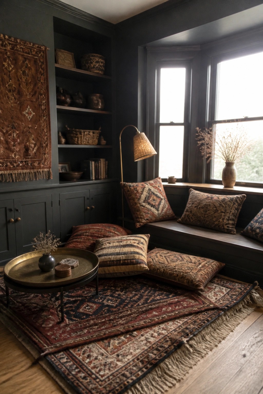 A dark green living room corner with multiple layered patterned rugs on the floor, pillows arranged on a window seat, and built-in shelves holding baskets and books.