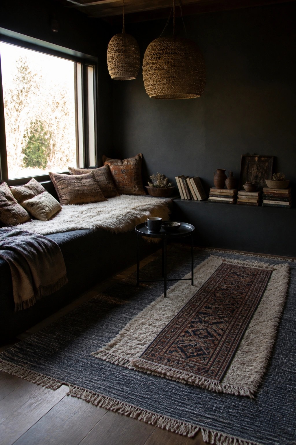 Dark room with fur-covered window seat, woven pendants, patterned rug, and black table
