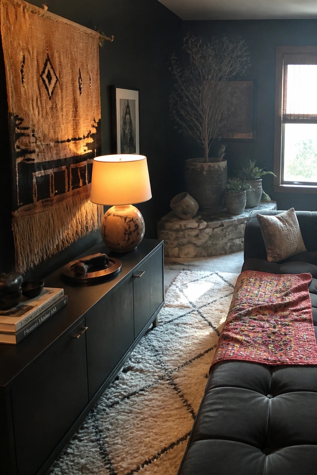 A dark living room with a large white shaggy rug layered under a colorful patterned runner on a black sofa, a lit table lamp on a black console, and a wall hanging above it.