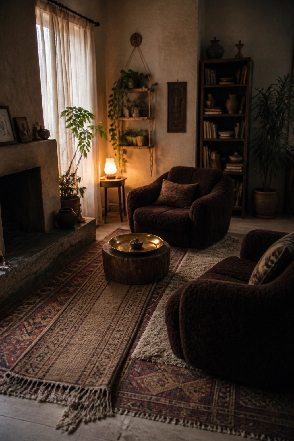 Cozy room with dark brown armchairs, wooden table, patterned rugs, and hanging plants.