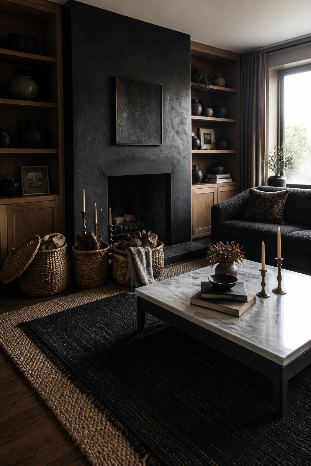 Dark living room with black fireplace, marble coffee table, woven baskets, and sofa.