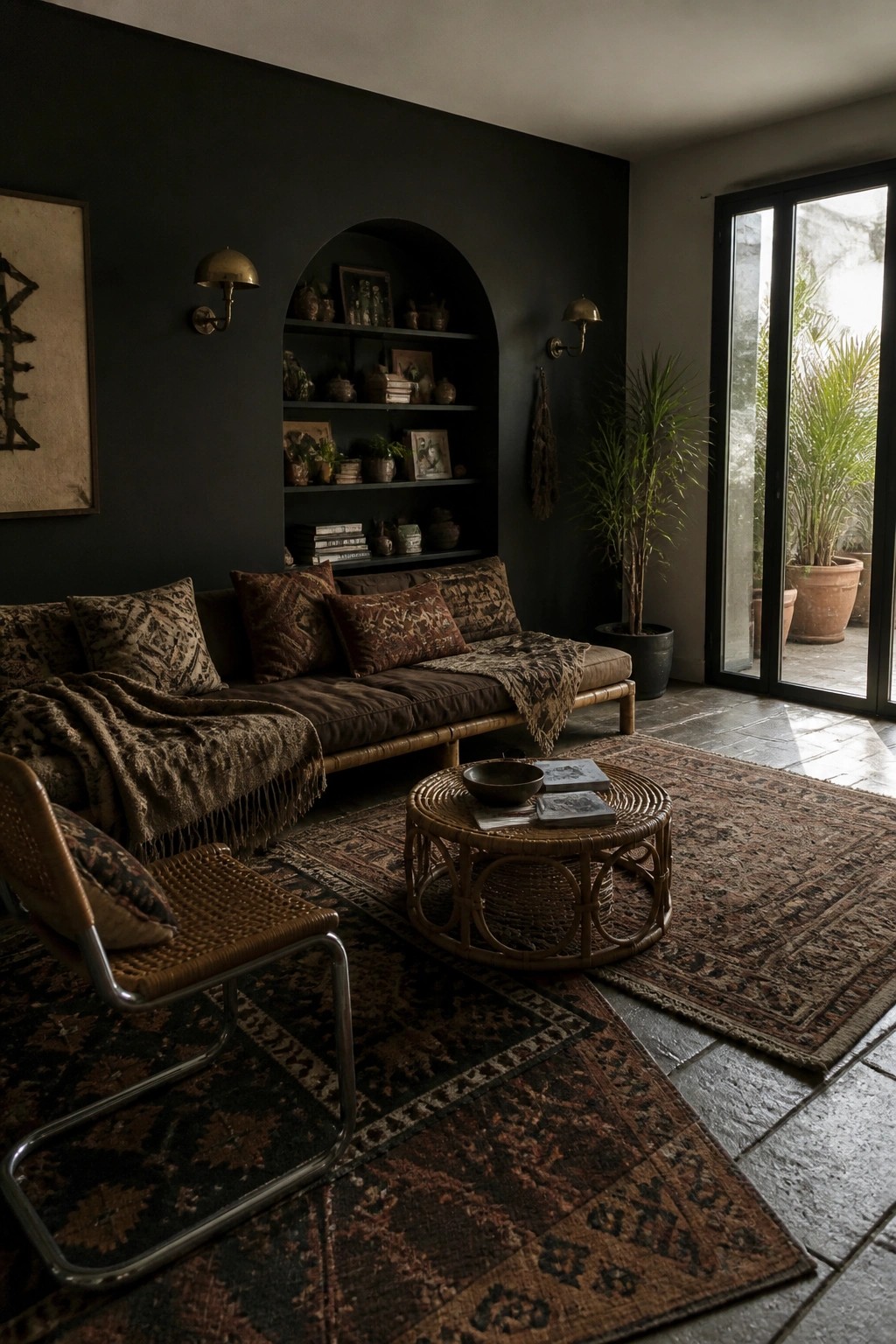 A dark living room with layered patterned rugs on stone flooring, a brown sofa with pillows and throws, a round rattan coffee table, woven chair, arched built-in shelves, and large glass doors.