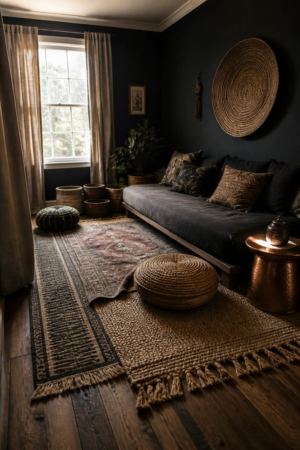 A dark blue living room with layered rugs on hardwood, a dark sofa with pillows, woven baskets, a round pouf, and a window with sheer curtains.
