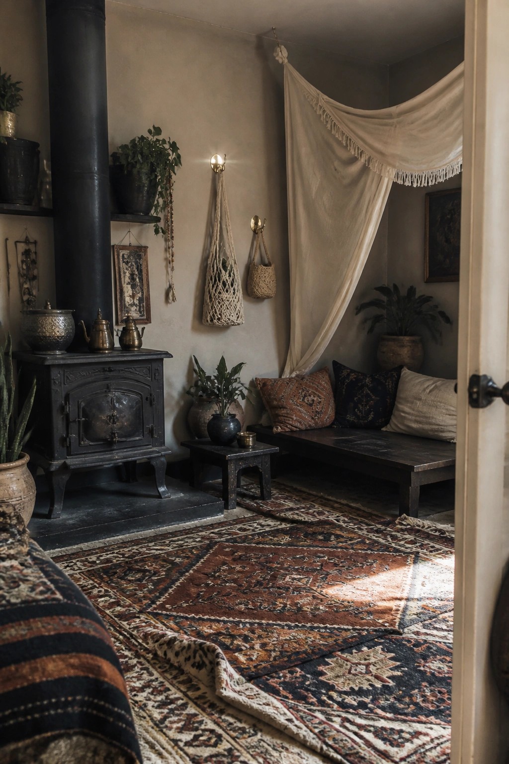 A dark boho interior with a wood stove, multiple layered patterned rugs on the floor, a wooden bench with pillows, macrame plant hangers, and a draped fabric panel on the wall.