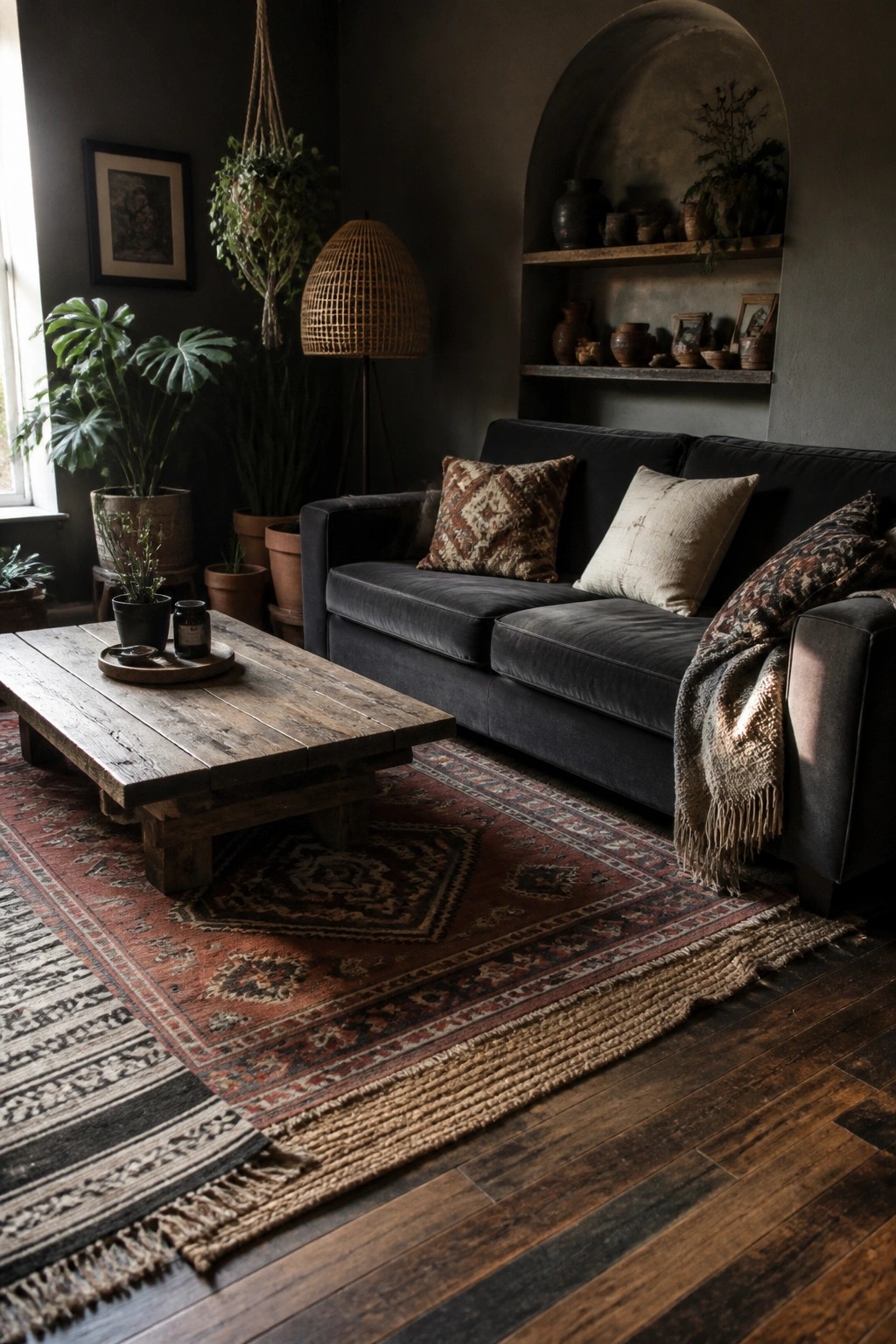 A dark living room featuring a black sofa, wooden coffee table, and layered patterned rugs on hardwood flooring with houseplants and wall shelves in the background.