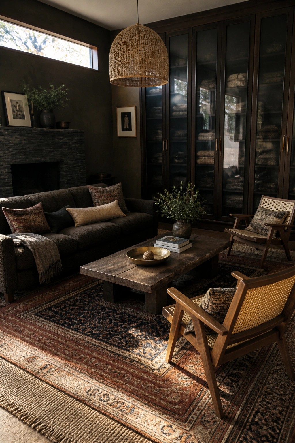 A dark living room featuring multiple overlapping patterned rugs, a low wooden coffee table, and wooden armchairs with woven seats.
