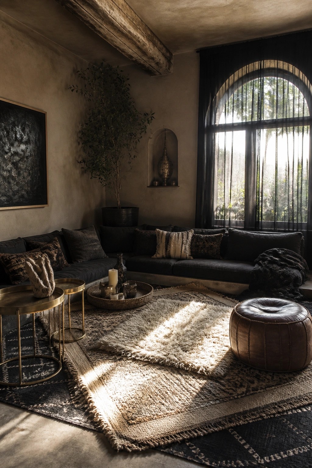 A dark boho living room with a sectional sofa, multiple overlapping rugs on the floor, and a large arched window with sunlight.