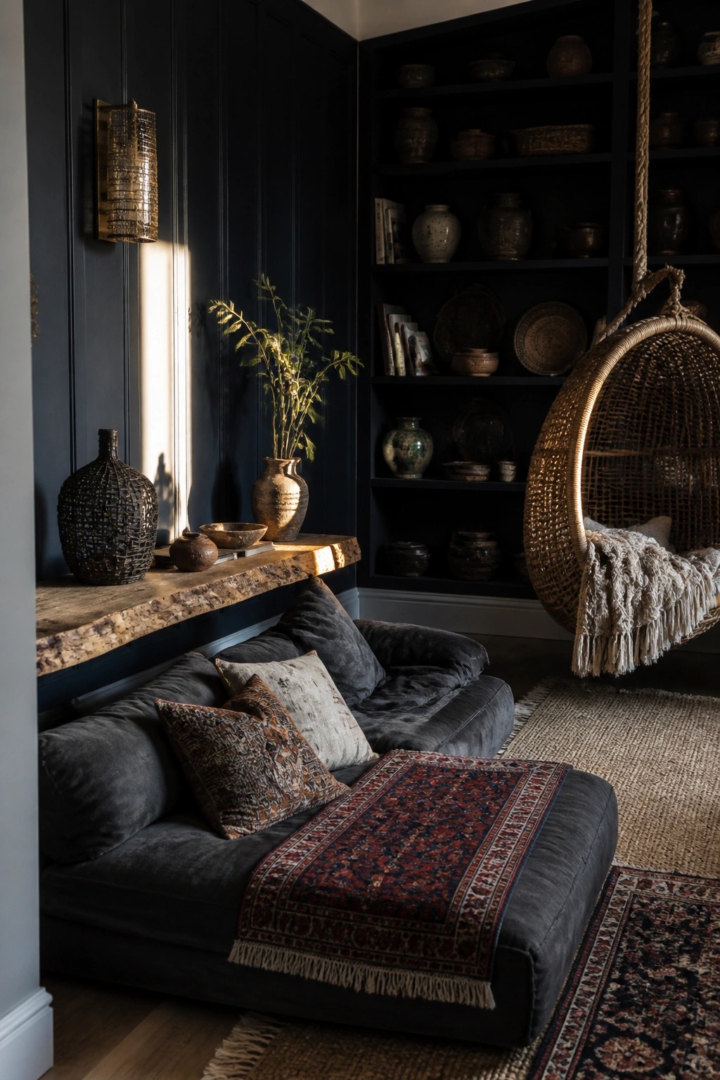 A dark navy living room features a gray velvet sofa with patterned pillows and layered rugs, a hanging woven chair with a fringed throw, and built-in shelves holding pottery and books.