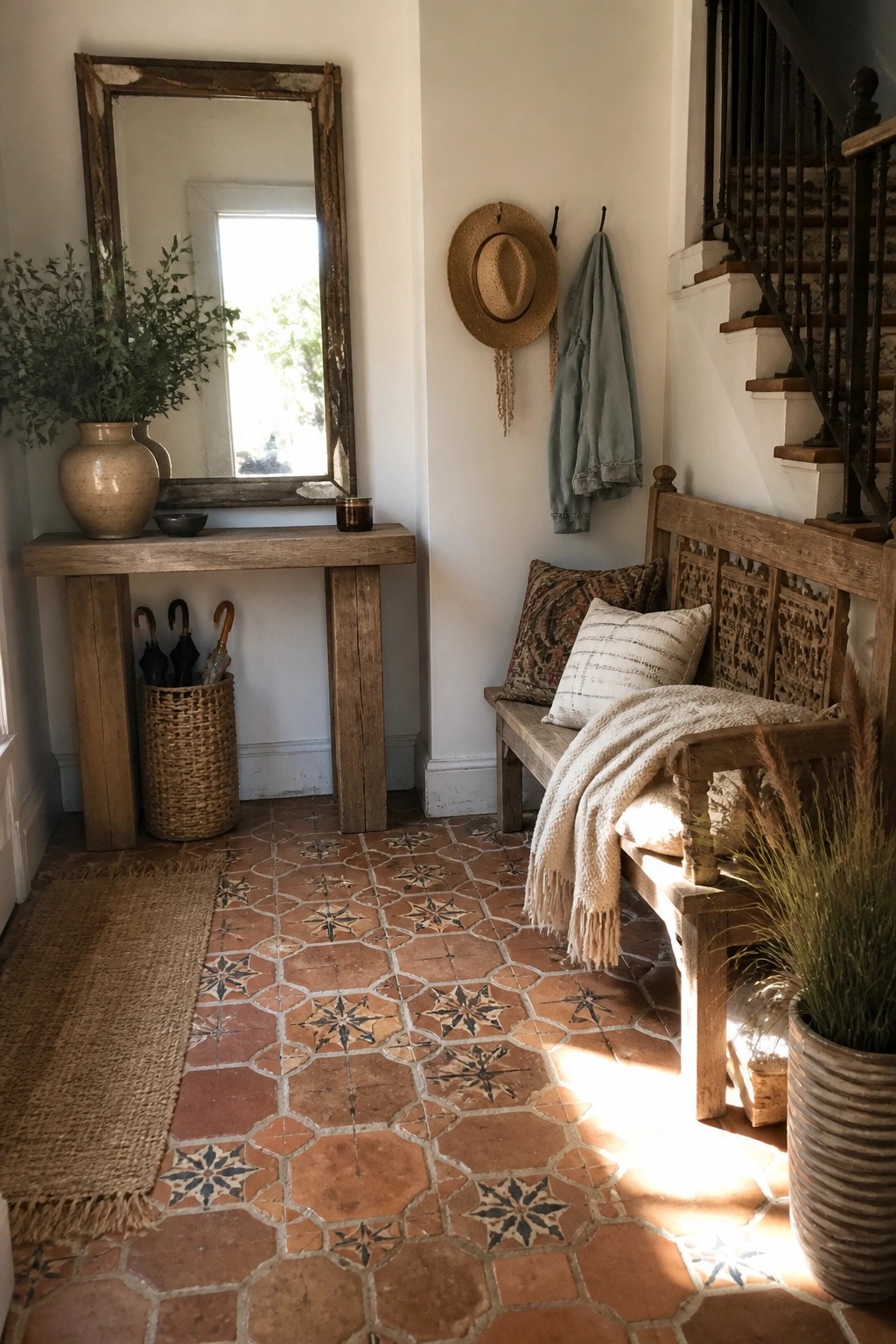 A wooden bench with pillows and a throw blanket sits in a tiled entryway beside a console table with a large mirror above it.