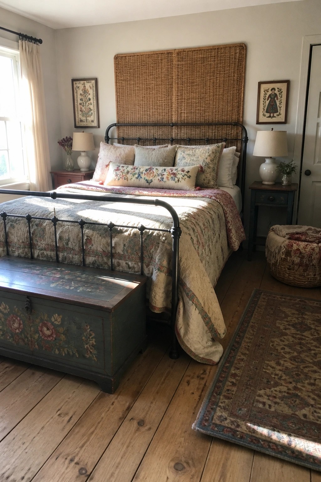A bedroom featuring a black metal bed frame with floral bedding, a large rectangular woven reed panel mounted on the wall as a headboard, two wooden nightstands with lamps, a painted chest at the foot of the bed, and a patterned area rug on the floor.