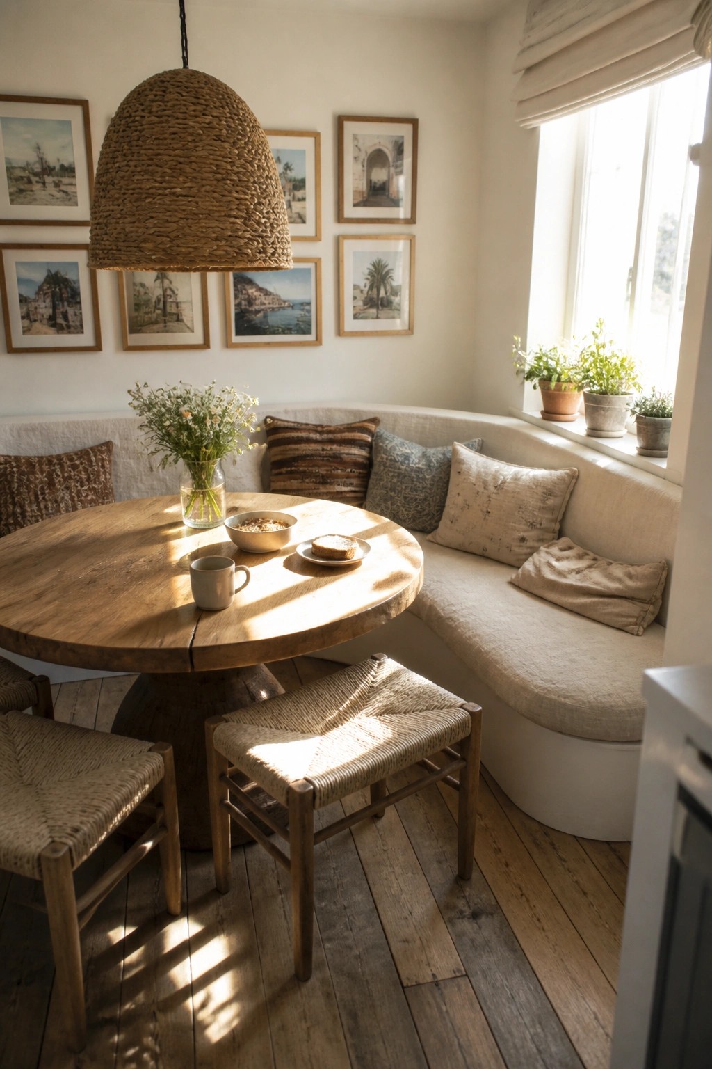 A round wooden dining table sits in front of a curved built-in bench with pillows, a large woven pendant light overhead, and framed pictures on the wall.