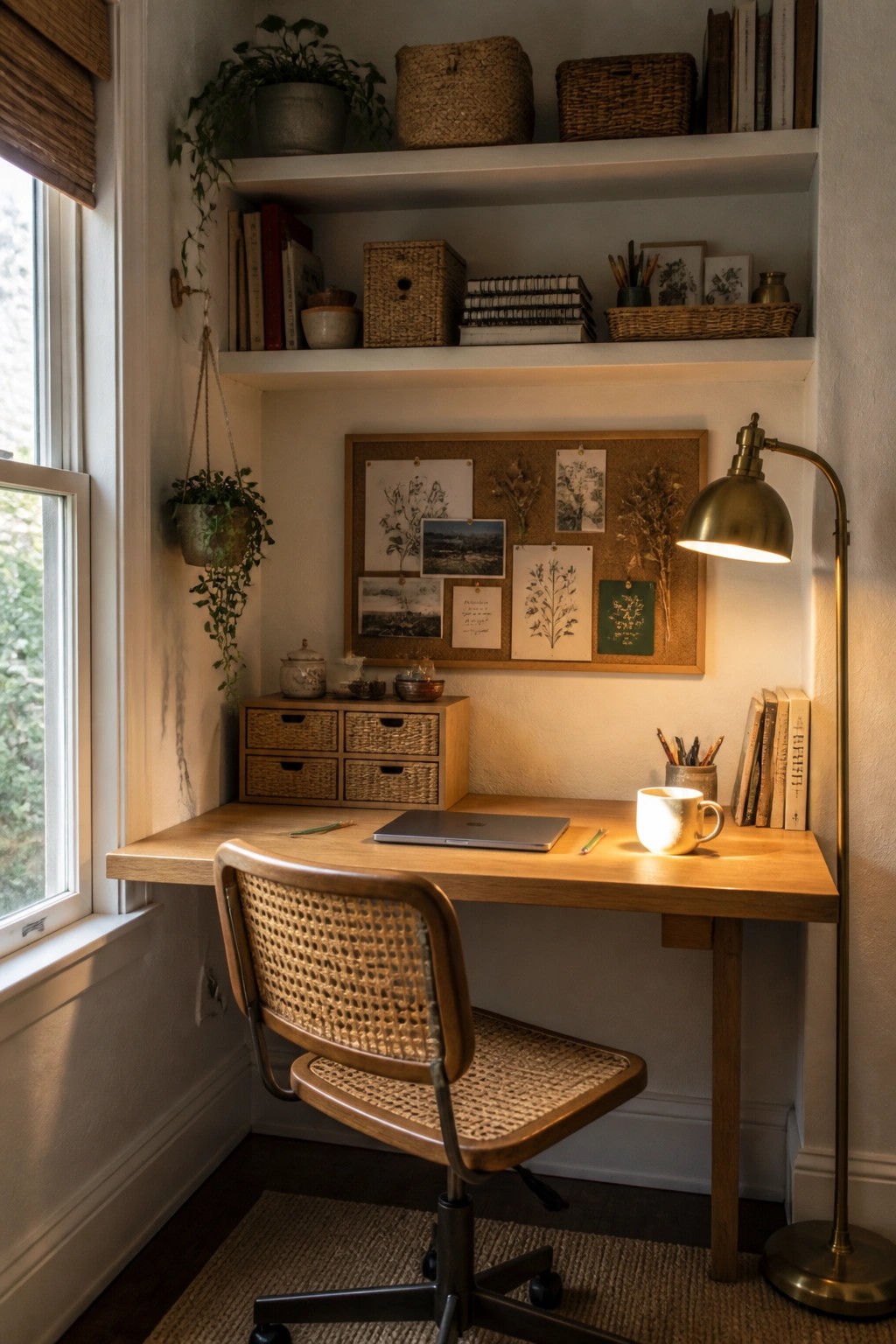 A wooden built-in desk with a woven chair sits under white shelves holding books and baskets, next to a window and a corkboard with papers pinned to it.