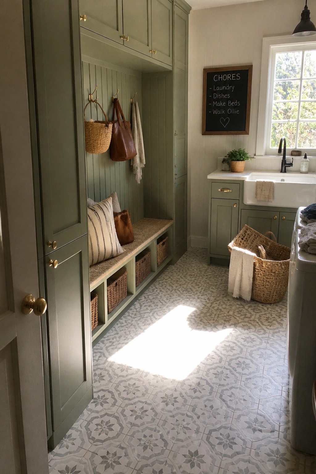 A sage green mudroom with built-in cabinetry, a cushioned bench with cubby storage, wall hooks, a utility sink, and patterned tile flooring.