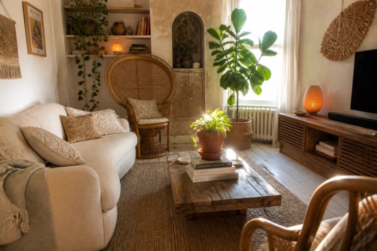 21 Trendy Boho Home Decor Ideas for a Cohesive and Lived In Look Cozy living room with curved sofa, rattan chairs, potted plants, and wooden coffee table.