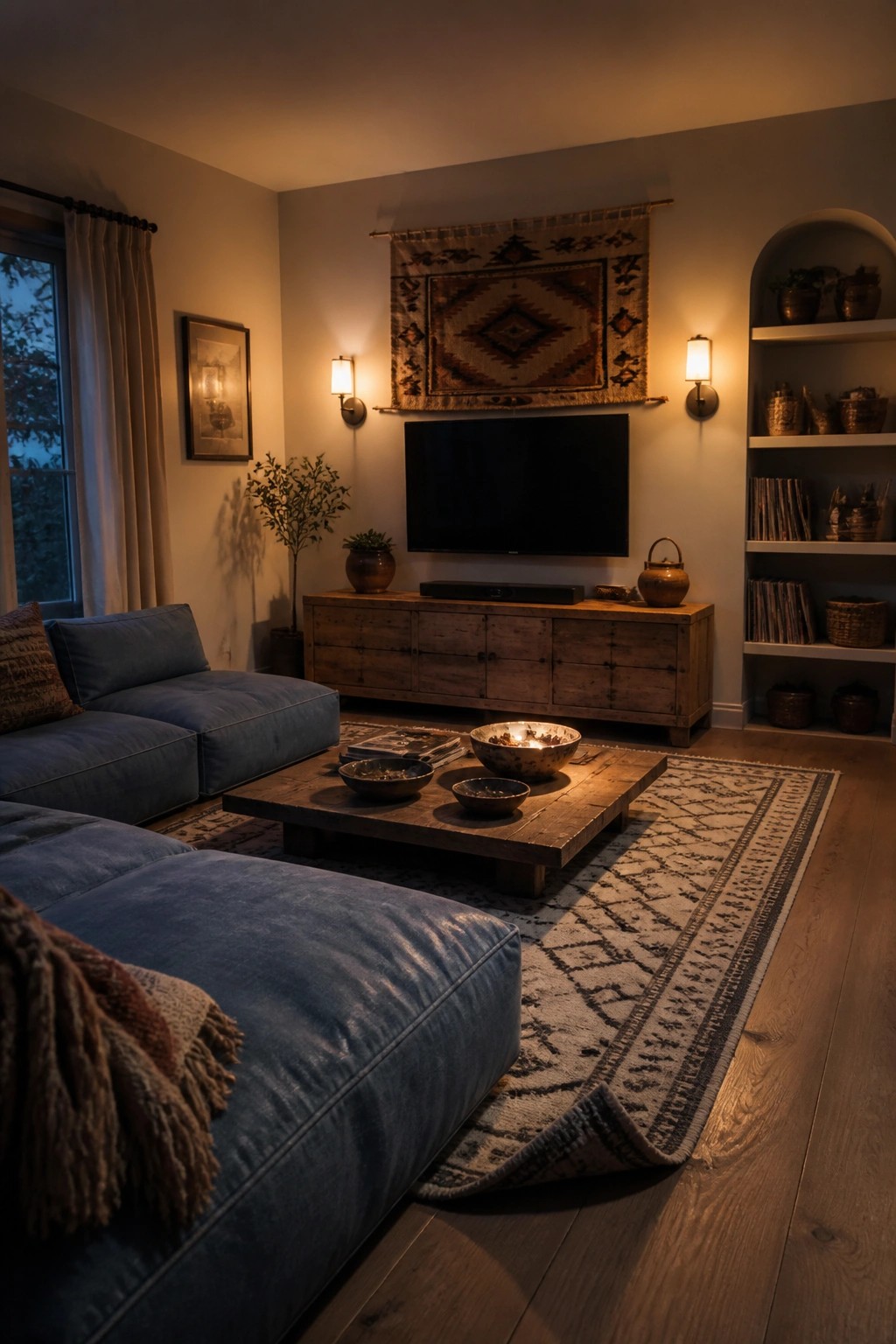A living room featuring a blue sectional sofa, wooden coffee table with bowls, television on a console, wall tapestry, and a large patterned area rug on hardwood floors.