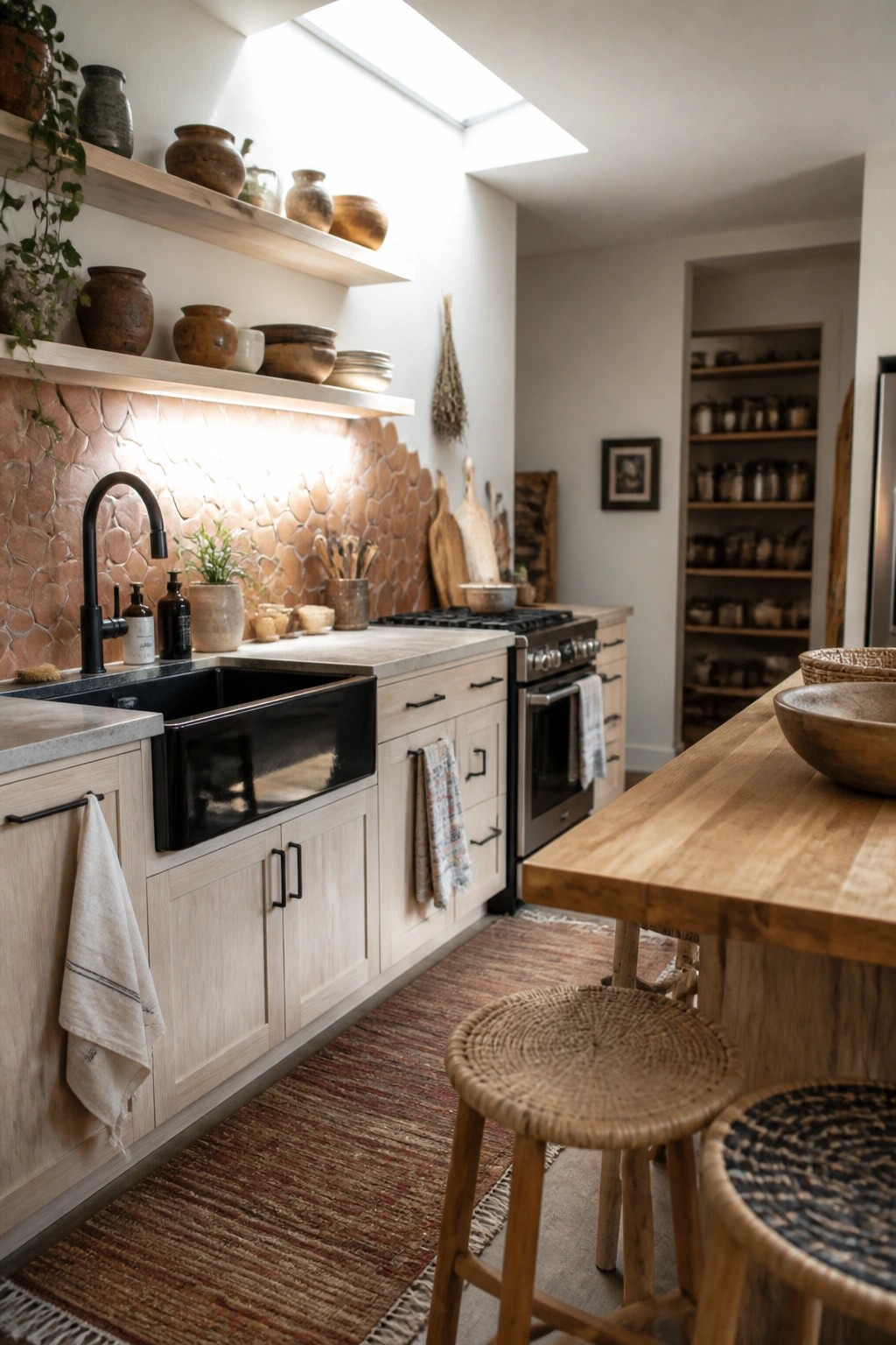 A kitchen interior with light wood cabinets, a black farmhouse sink, terracotta tile backsplash, open wooden shelves holding pottery, and a wooden island with woven stools on a striped rug.