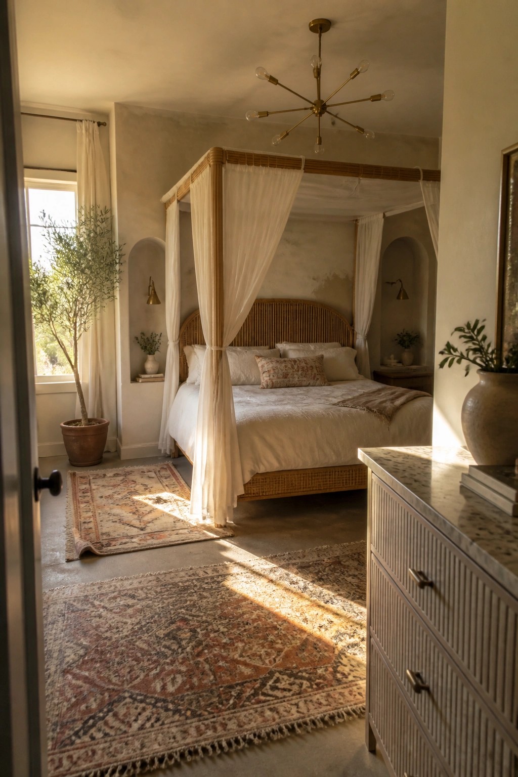 A bedroom interior featuring a wooden canopy bed with white drapes, multiple layered patterned rugs on a concrete floor, and a dresser in the foreground.