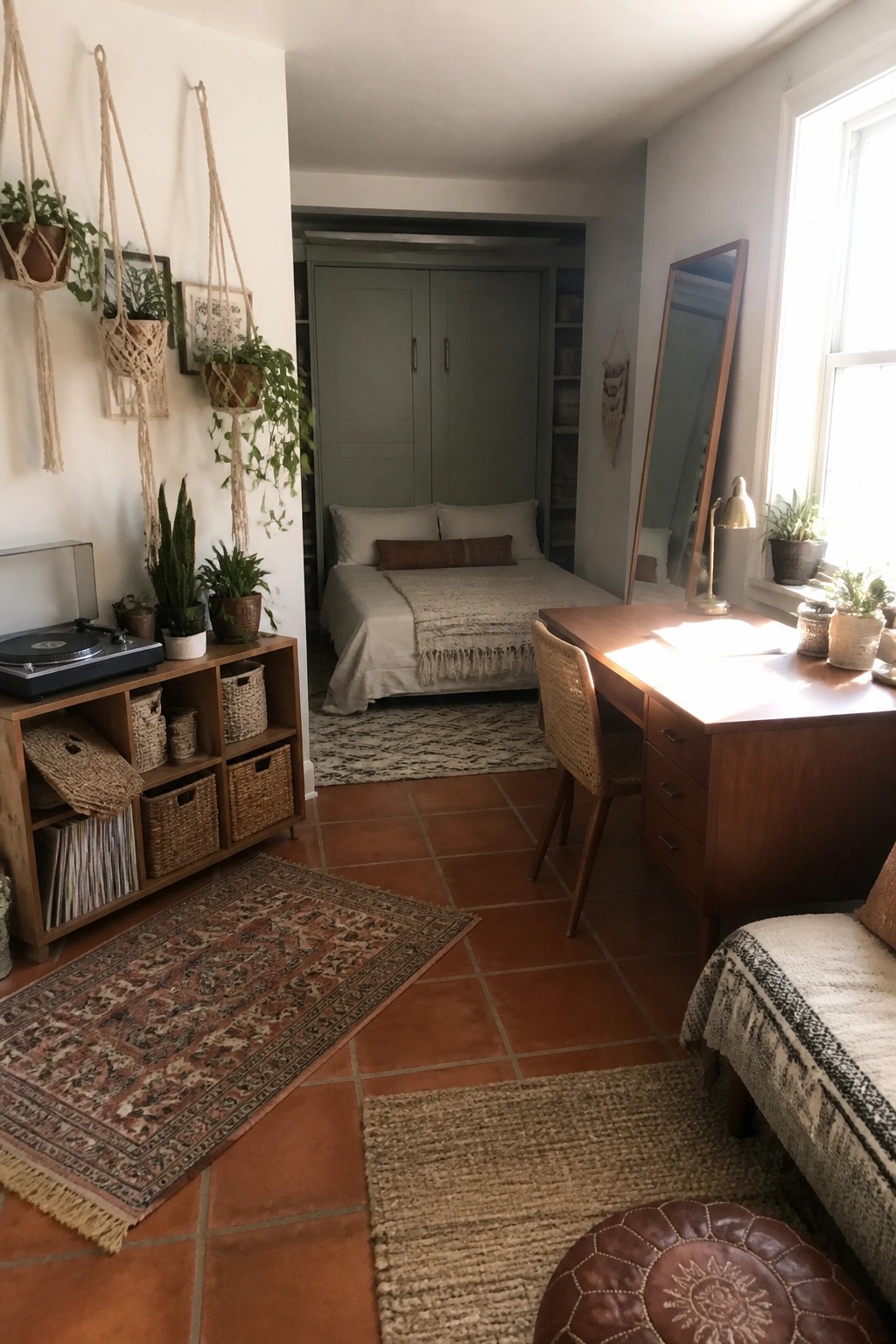 A boho-style bedroom with terracotta tile floors, wooden furniture, woven baskets, macrame plant hangers, multiple rugs, and a bed with neutral bedding.
