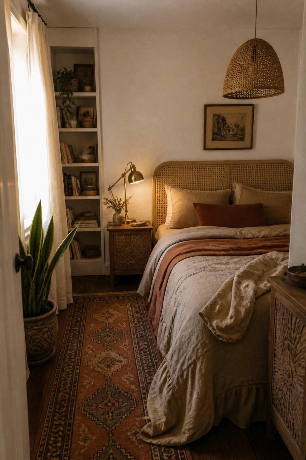 A cozy bedroom with a rattan headboard, layered neutral bedding, a woven pendant light, and built-in bookshelves beside a wooden nightstand.