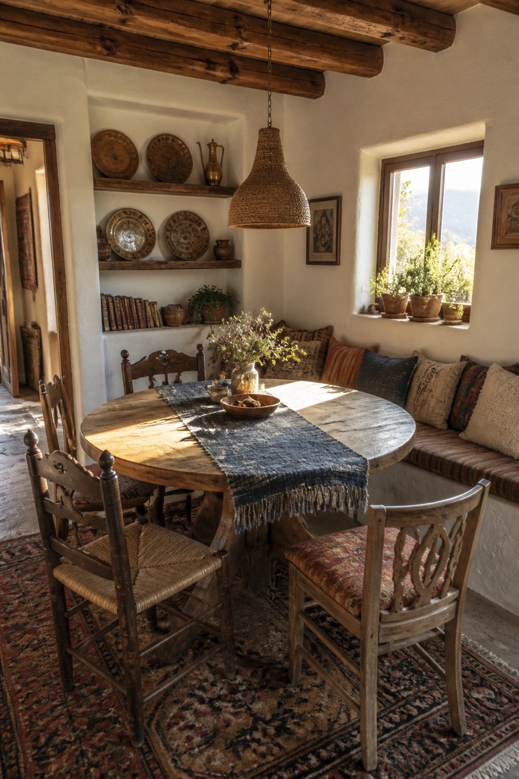 Rustic round wooden table with blue runner, chairs, woven lamp, and window seat