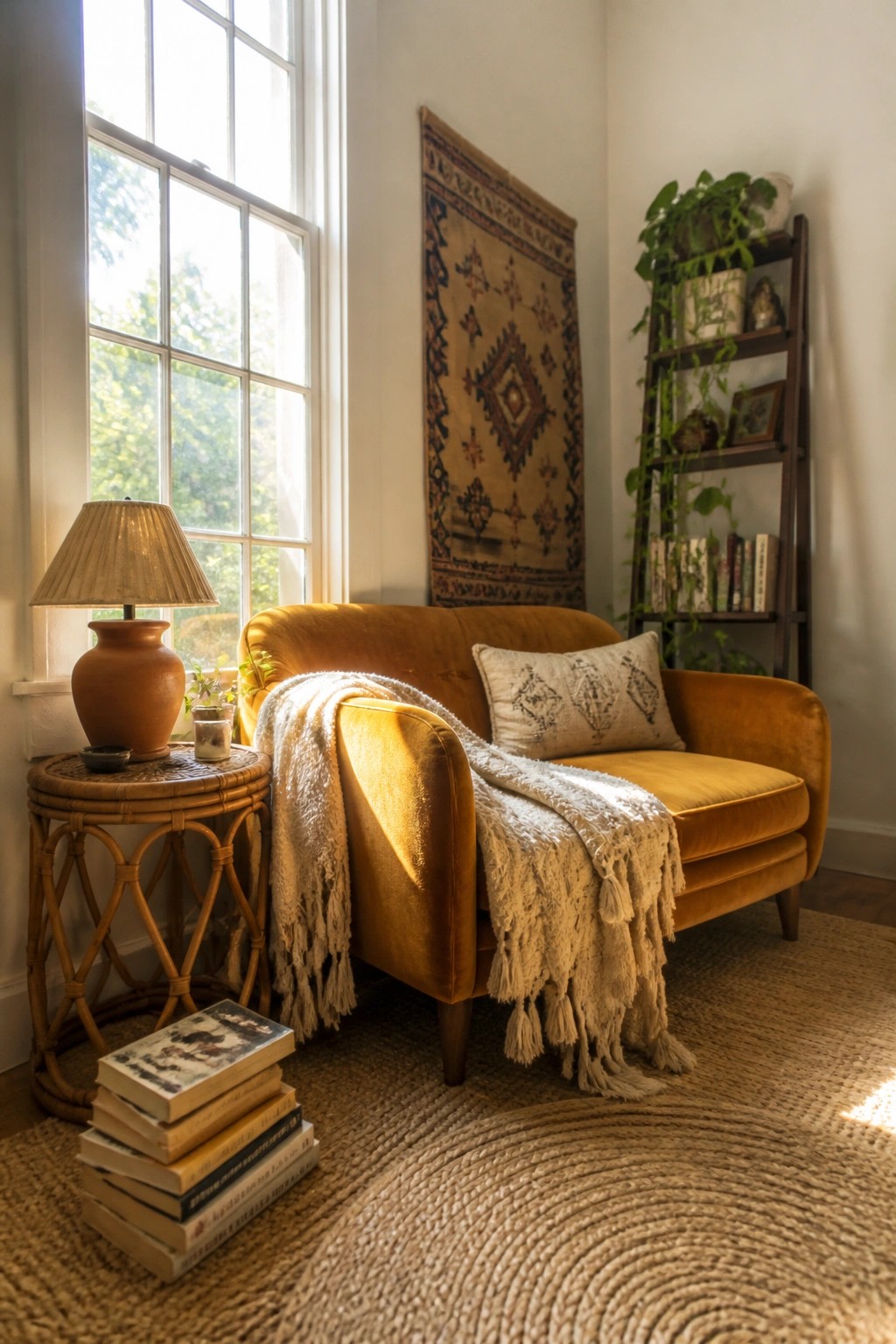 A living room corner featuring a mustard yellow sofa with a fringed throw, a patterned pillow, a rattan side table holding a lamp and books stacked on a woven rug, a large window, and a hanging rug on the wall.