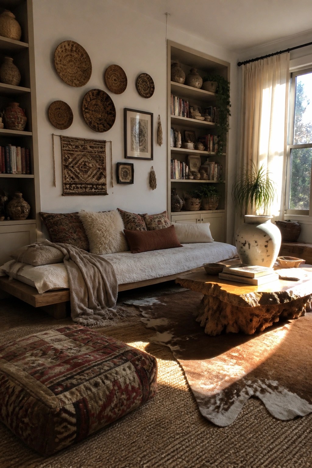 A living room with a low wooden daybed, built-in bookshelves filled with books and pottery, woven baskets and textiles on the wall above the seating, and a live-edge coffee table on layered rugs.