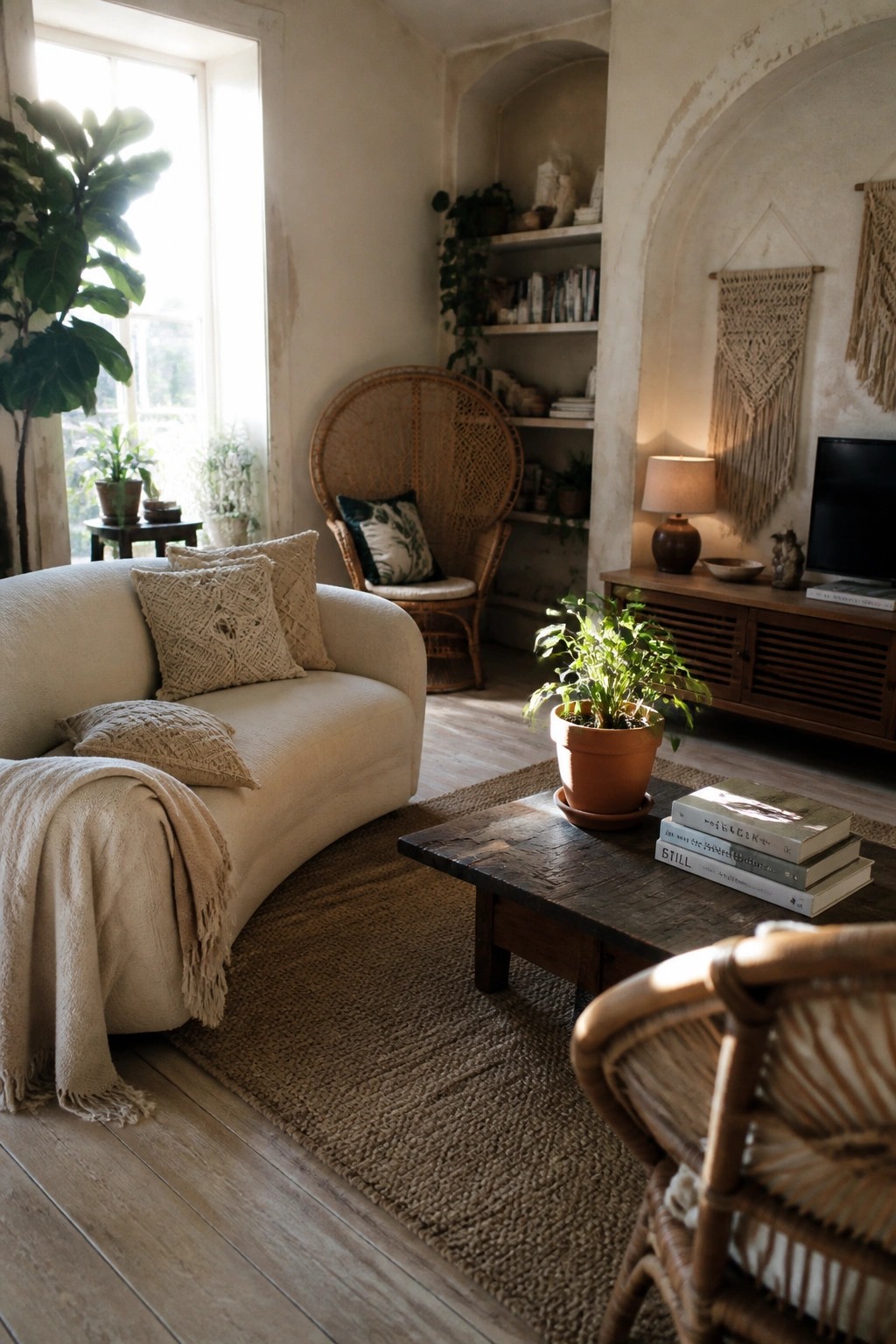 Cozy living room with curved sofa, rattan chairs, potted plants, and wooden coffee table.