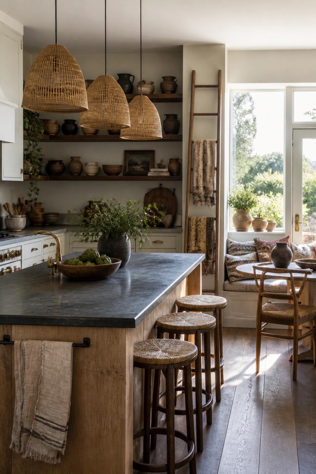 A kitchen with a dark stone island, wooden bar stools, open shelves holding pottery and ceramics, woven pendant lights, and a window seat area.