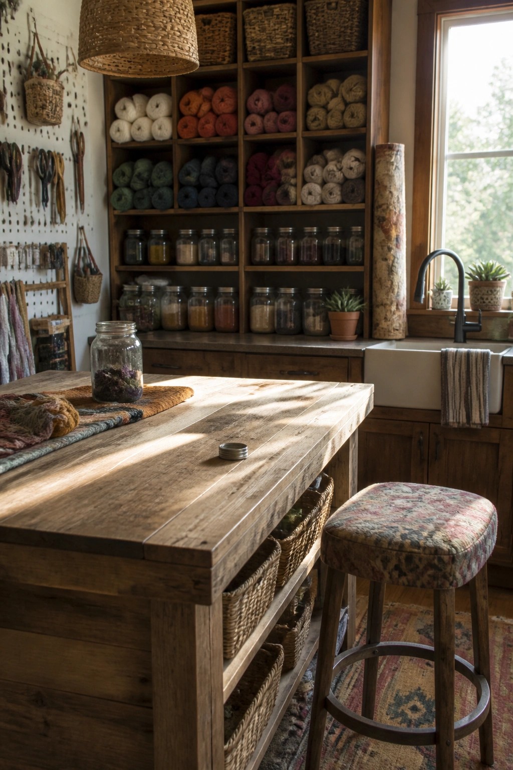 A large wooden work table stands in front of open wooden shelves stocked with colorful yarn skeins, glass jars of supplies, and woven baskets, next to a farmhouse sink and a patterned stool.