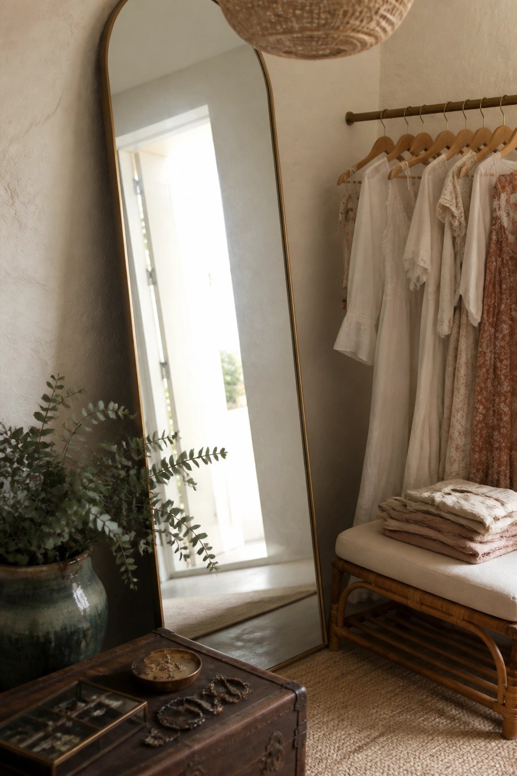 A tall arched mirror stands beside a clothing rack with hanging garments and a cushioned bench holding folded linens in a neutral room.